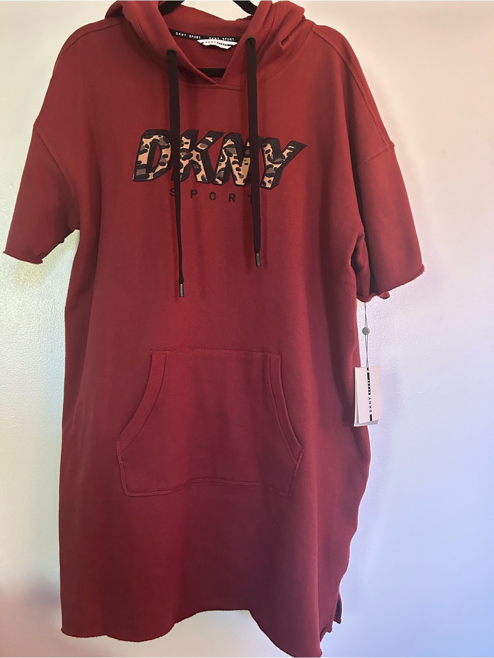 DKNY Red Hooded Short-Sleeve Sweatshirt Dress with Leopard Logo